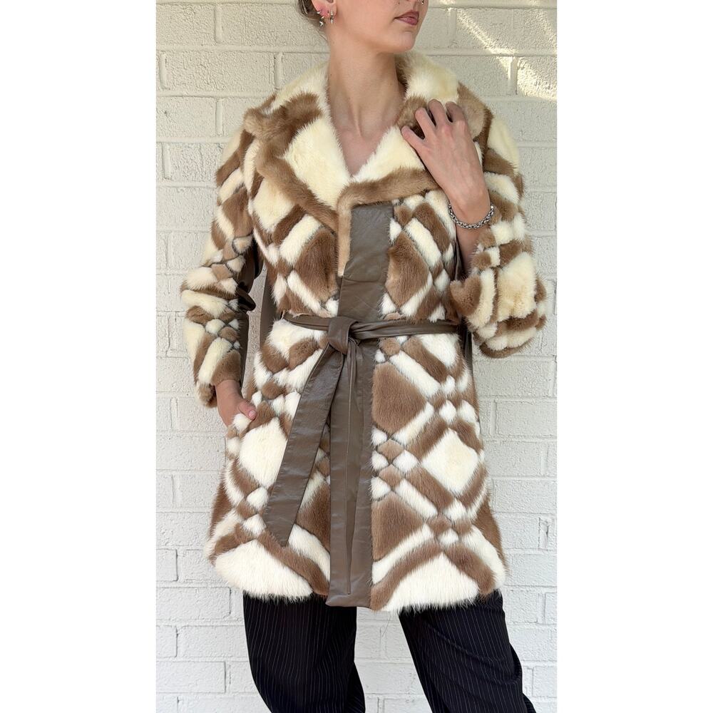 Vintage 1960s Mod Geometric  Fur Coat Patchwork Leather Belted Cream Brown S